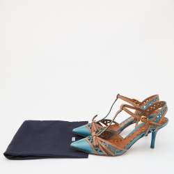 مملوكة مسبقًا Prada Blue/Brown Laser Cut Leather Bow T-Strap Pumps Size 38