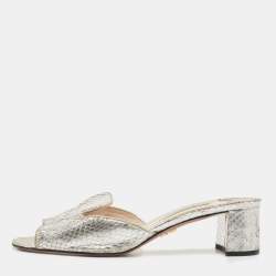 Prada Metallic Silver Python Embossed Leather Slide Sandals Size 36