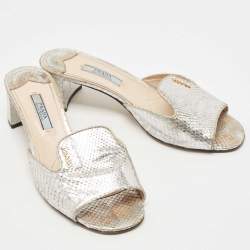 Prada Metallic Silver Python Embossed Leather Slide Sandals Size 36
