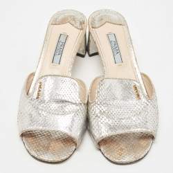 Prada Metallic Silver Python Embossed Leather Slide Sandals Size 36