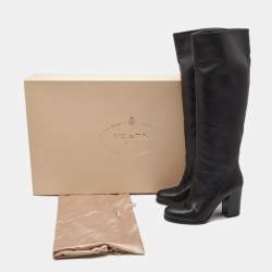 Pre Owned Prada Black Leather Knee Length Block Heel Boots Size 37