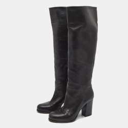 Pre Owned Prada Black Leather Knee Length Block Heel Boots Size 37