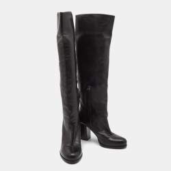 Pre Owned Prada Black Leather Knee Length Block Heel Boots Size 37