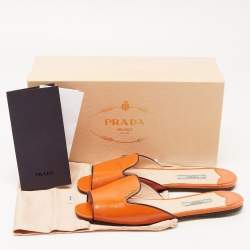 Prada Orange Patent Leather Flat Slides Size 38.5