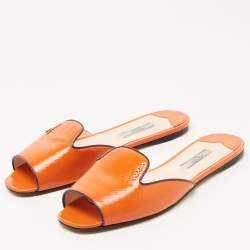 Prada Orange Patent Leather Flat Slides Size 38.5