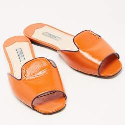 Prada Orange Patent Leather Flat Slides Size 38.5