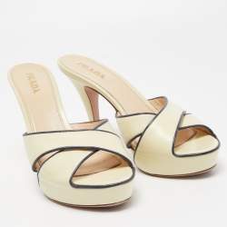 Prada Cream/Navy Blue Leather Cross Strap Slide Sandals Size 39