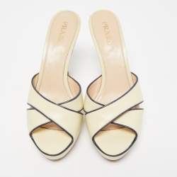 Prada Cream/Navy Blue Leather Cross Strap Slide Sandals Size 39