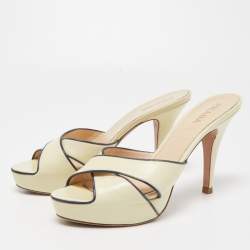 Prada Cream/Navy Blue Leather Cross Strap Slide Sandals Size 39