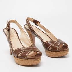 Prada Brown Leather Cross Strap Open Toe Cork Platform Slingback Sandals Size 40