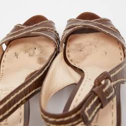 Prada Brown Leather Cross Strap Open Toe Cork Platform Slingback Sandals Size 40