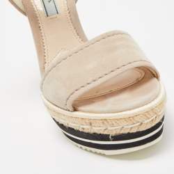 Prada Light Grey Suede Platform Ankle Strap Espadrille Sandals Size 37.5