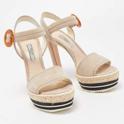 Prada Light Grey Suede Platform Ankle Strap Espadrille Sandals Size 37.5