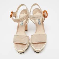 Prada Light Grey Suede Platform Ankle Strap Espadrille Sandals Size 37.5