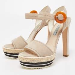 Prada Light Grey Suede Platform Ankle Strap Espadrille Sandals Size 37.5