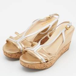Prada Gold/Silver Leather Slingback Platform Wedge Sandals Size 36