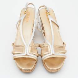 Prada Gold/Silver Leather Slingback Platform Wedge Sandals Size 36