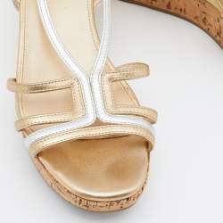 Prada Gold/Silver Leather Slingback Platform Wedge Sandals Size 36