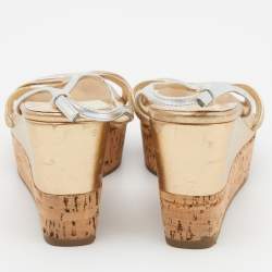 Prada Gold/Silver Leather Slingback Platform Wedge Sandals Size 36