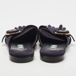 Prada Navy Blue Suede Fringe Details Flat Mules Size 40