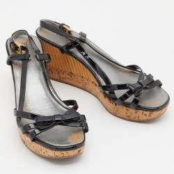 Prada Black Patent Leather Strappy Bow Platform Wedge Sandals Size 36