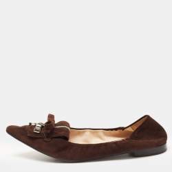 Pre Owned Prada Brown Suede Bow Zip Scrunch Ballet Flats Size 40