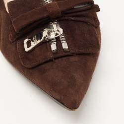 Pre Owned Prada Brown Suede Bow Zip Scrunch Ballet Flats Size 40
