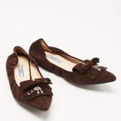 Pre Owned Prada Brown Suede Bow Zip Scrunch Ballet Flats Size 40