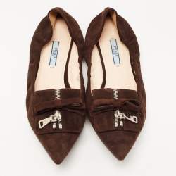 Pre Owned Prada Brown Suede Bow Zip Scrunch Ballet Flats Size 40