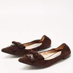 Pre Owned Prada Brown Suede Bow Zip Scrunch Ballet Flats Size 40