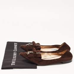 Pre Owned Prada Brown Suede Bow Zip Scrunch Ballet Flats Size 40