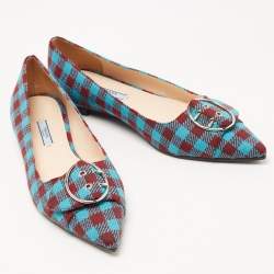 Pre Owned Prada Brown/Blue Fabric Check Buckle Detail Ballet Flats Size 40