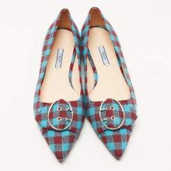 Pre Owned Prada Brown/Blue Fabric Check Buckle Detail Ballet Flats Size 40