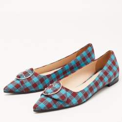 Pre Owned Prada Brown/Blue Fabric Check Buckle Detail Ballet Flats Size 40