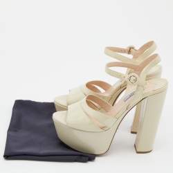 Prada Off White Patent Leather Ankle Strap Block Heel Platform Sandals Size 38.5