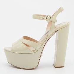 Prada Off White Patent Leather Ankle Strap Block Heel Platform Sandals Size 38.5