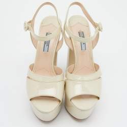 Prada Off White Patent Leather Ankle Strap Block Heel Platform Sandals Size 38.5