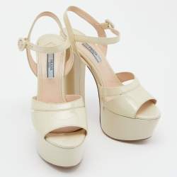 Prada Off White Patent Leather Ankle Strap Block Heel Platform Sandals Size 38.5
