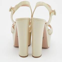 Prada Off White Patent Leather Ankle Strap Block Heel Platform Sandals Size 38.5