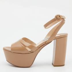Prada Beige Saffiano Patent Leather Ankle Strap Block Heel Platform Sandals Size 38