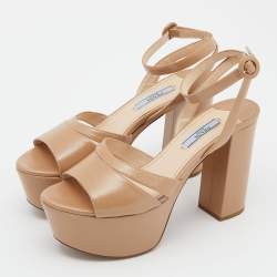 Prada Beige Saffiano Patent Leather Ankle Strap Block Heel Platform Sandals Size 38