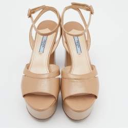 Prada Beige Saffiano Patent Leather Ankle Strap Block Heel Platform Sandals Size 38