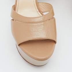 Prada Beige Saffiano Patent Leather Ankle Strap Block Heel Platform Sandals Size 38