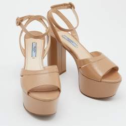 Prada Beige Saffiano Patent Leather Ankle Strap Block Heel Platform Sandals Size 38