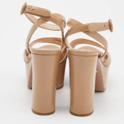 Prada Beige Saffiano Patent Leather Ankle Strap Block Heel Platform Sandals Size 38