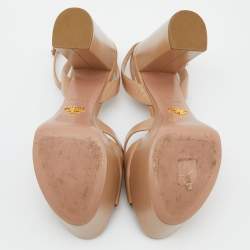Prada Beige Saffiano Patent Leather Ankle Strap Block Heel Platform Sandals Size 38
