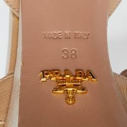 Prada Beige Saffiano Patent Leather Ankle Strap Block Heel Platform Sandals Size 38