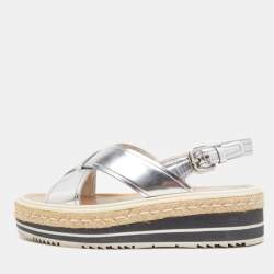 Prada Silver Leather Platform Slingback Sandals Size 36.5
