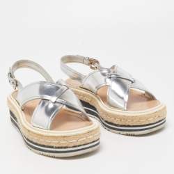 Prada Silver Leather Platform Slingback Sandals Size 36.5