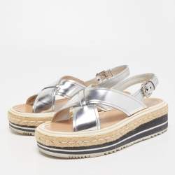 Prada Silver Leather Platform Slingback Sandals Size 36.5